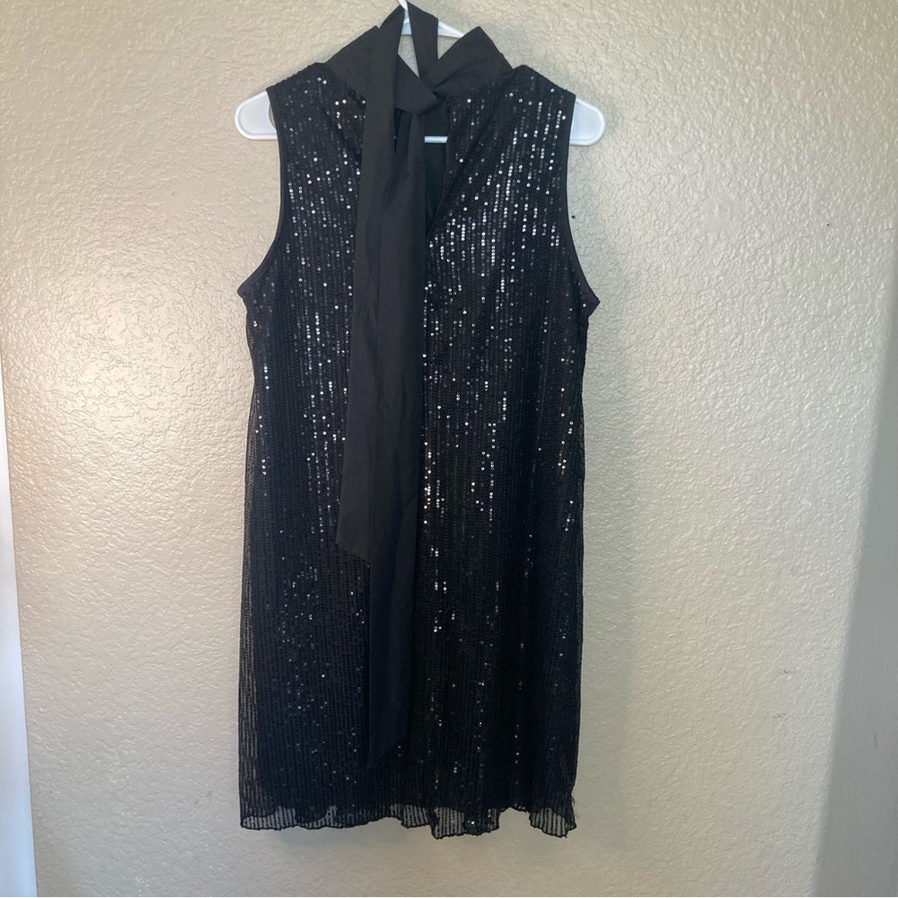 Black Cocktail Dress Sequins High Neck Sleeveless Shift Mini Dress Women’s Large